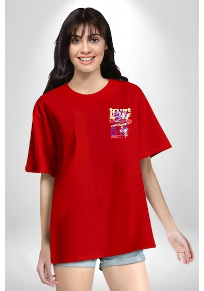 Yeni Umut Kırmızı Oversize Unisex Ön Ve Sırt Baskılı Tişört Kırmızı