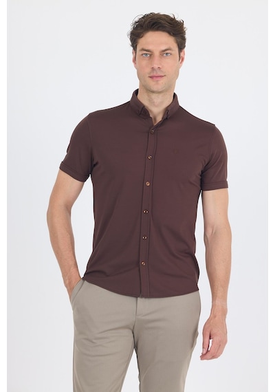 İmza Koyu Kahverengi İtalyan Düğmeli Yaka Kısa Kol Cepsiz Slim Fit Gömlek 1004250255 Koyu Kahverengi