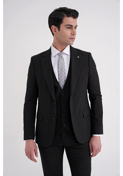 Efor Slim Fit Çift Yırtmaç %97 Yün Esnek Siyah Yelekli Klasik Takım Elbise Tk 937 Siyah Efor Slim Fit Çift Yırtmaç %97 Yün Esnek Siyah Yelekli Klasik Takım Elbise Tk 937 Siyah
