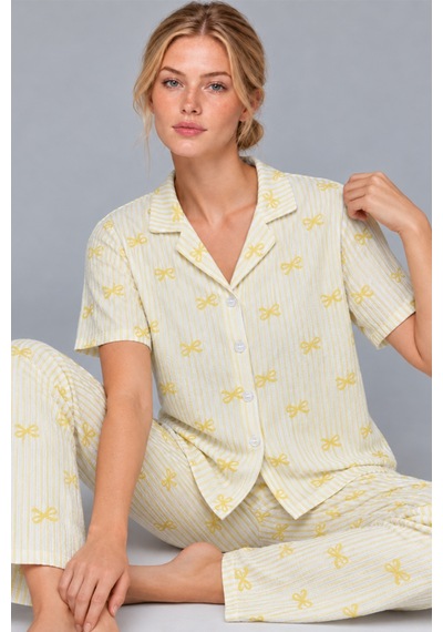 Kadın Gömlek Yaka Desenli İkili Sarı Pijama Takımı 4795
