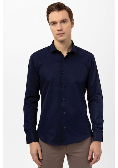 Süvari Lacivert Slim Fit Armürlü Klasik Yaka Gömlek