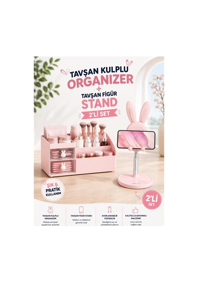 Tavşan Kulplu Makyaj Organizeri & Tavşan Figürlü Telefon Tablet Standı İkili Set Pembe Pembe