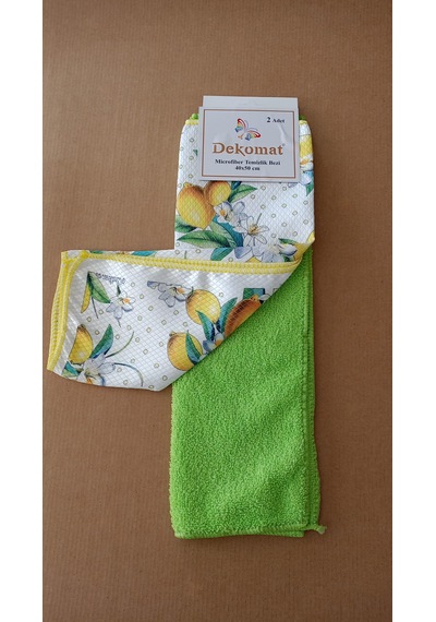 Microfiber Temizlik Bezi 40x50 Cm 2 Adet Limon Bir Adet Baskılı Bir Adet Naturel Yeşil