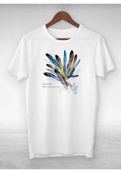 Kozia Outdoors Malkoçbey Renkli Tüy Baskılı T-shirt Beyaz