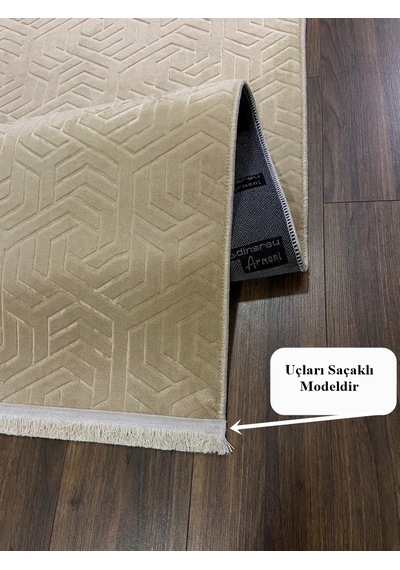 Dinar Armoni Saçaklı Kaymaz Tabanlı Kesme Kabartmalı Yıkanabilir Salon Koridor Halı Yolluk Bej