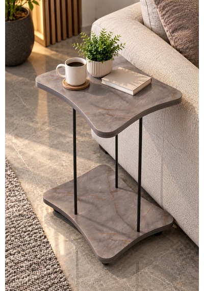 Sulorahome Yan Sehpa - Tekerlekli Metal Ayaklı Servis Sehpası Gri Mermer