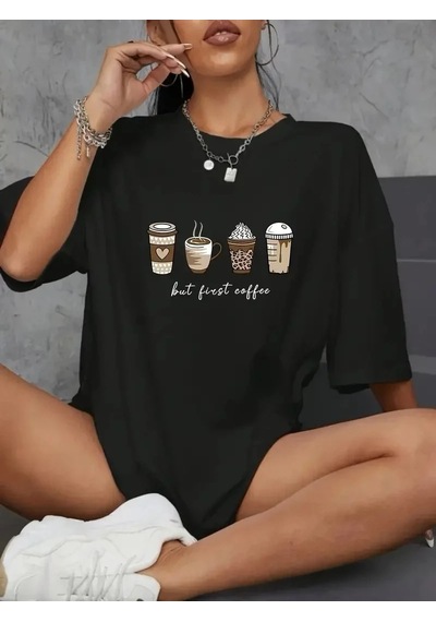Kadın Kahve Desen Baskılı Tişört Kısa Kol Bisiklet Yaka Oversize T-shirt - Siyah