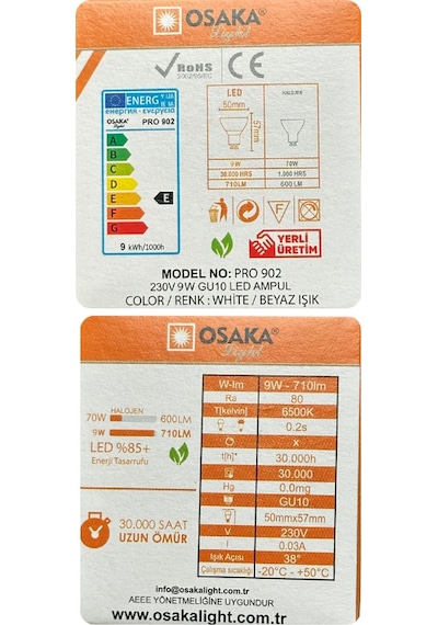 1 Adet Osaka 9w 70w Beyaz Işık 6500k Gu10 Duylu Led Çanak Ampul