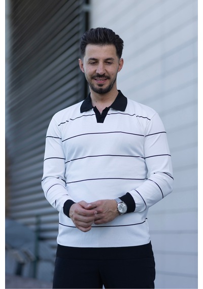 Hk Premium Çizgili Polo Yaka Slim Fit Triko Kazak Beyaz