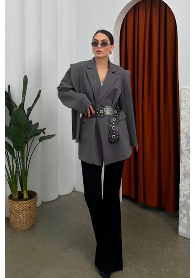 Kadın Oversize Blazer Ceket Kuşaklı Omuz Detaylı Gri