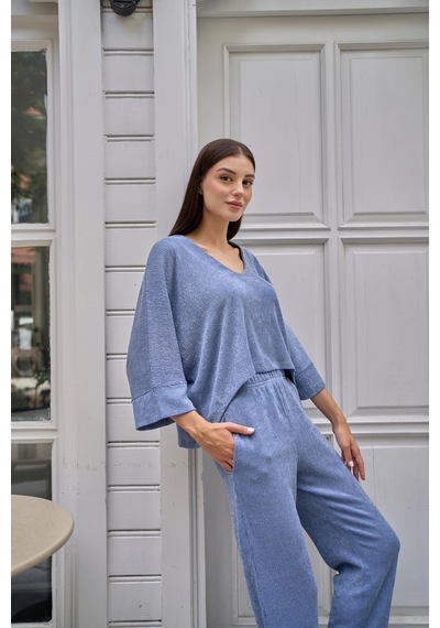 Reglan Kol Bol Kesim Bluz Mavi
