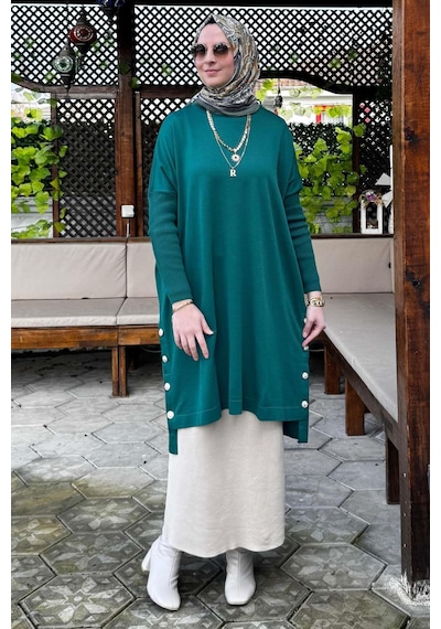 Rabia Şamlı Sevda Triko Tunik Zümrüt Çok Renkli
