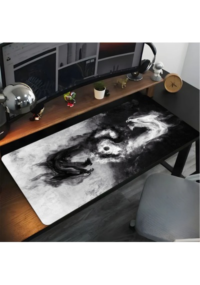 Yın Yang Ejderha Baskılı 90x40 Kaymaz Taban Mousepad 90x40cm