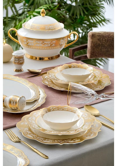 Acar Camilla 60 Parça 12 Kişilik Gold Porselen Yemek Takımı Beyaz - Gold