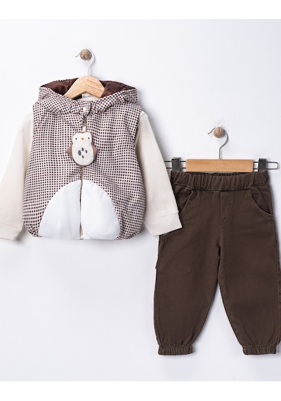 Harika Kids Erkek Bebek 3 Lü Takım 9-24 Ay Şişme Yelek %100 Pamuk Sweatshirt Kadife Pantolon Kahverengi