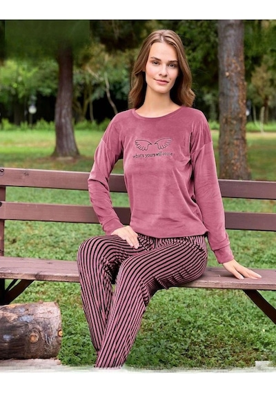 Pijamoni Kadın Kışlık Bisiklet Yaka Likralı Kadife Pijama Takımı 4210/10- 1 Adet 001