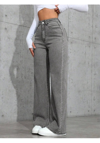 Füme Palazzo Pantolon Wide Leg Yüksek Bel Denim Jeans Füme
