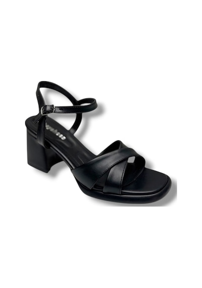 Erbay 405-26 Cilt Deri Çapraz Bant Kalın Topuk Anatomik Kadın Sandalet 7cm Siyah
