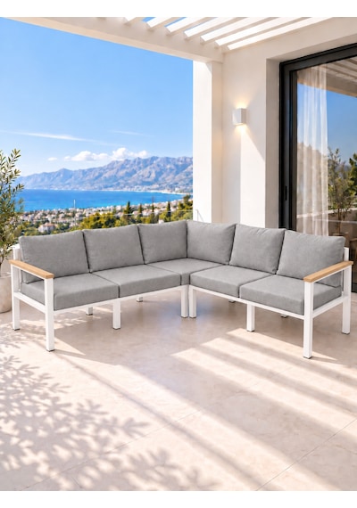 Neokas Metal L Köşe Koltuk 5 Kişilik, Balkon Ve Bahçe Mobilyası Beyaz