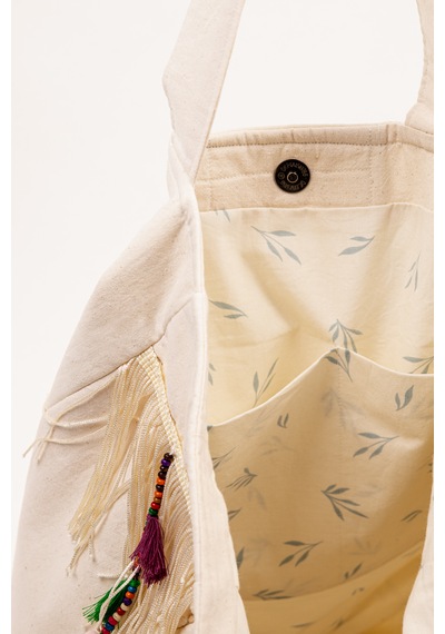 Fabric Craft Bag Omuz Çantası Bohem Nakışlı Krem Püsküllü Günlük Kadın Çanta