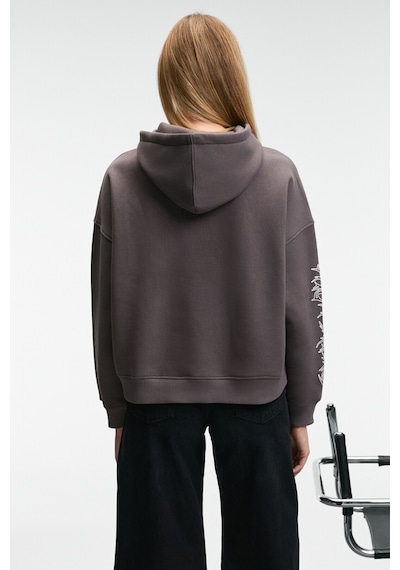 Grimelange ALIRAYNE Kadın Baskılı Oversize Kapüşonlu Kanguru Cep Antrasit Sweatshirt