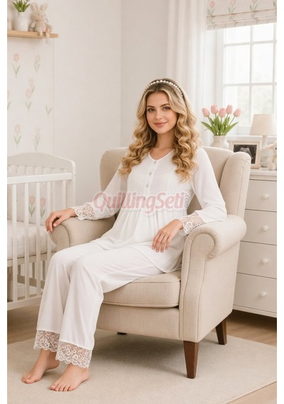 Lady Dantel Detaylı 33204 Uzun Kol, 2 Parça Lohusa Hamile Pijama Takımı Ekru