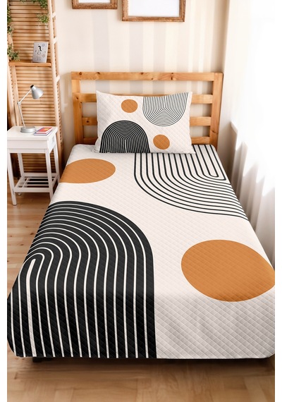 Siyah Geometrik Modern Genç Odası Tek Kişilik Pike Takımı - Hardal 160x220 Cm Kapitone Yatak Örtüsü Hafif Misk Dokusu