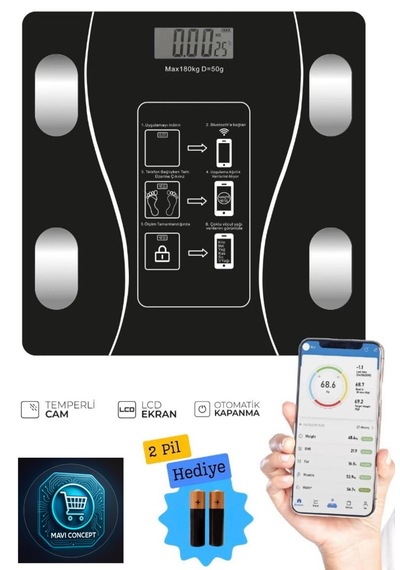 Dijital Baskül Yağ Su Kas Vücut Kitle Endeksi Kilo Ölçer Tartı Siyah