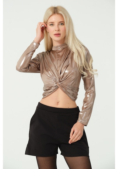 S'amore Clothing Asimetrik Crop Bluz Metalik Metalik Gold