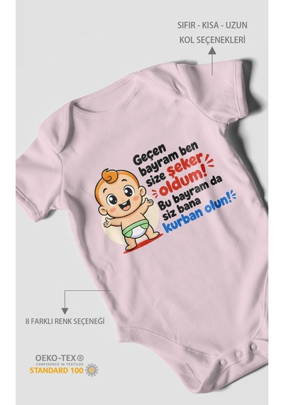 Morivokids Geçen Bayram Ben Yazılı Kısa Kollu Bebek Body %100 Pamuk Bebe Pembe