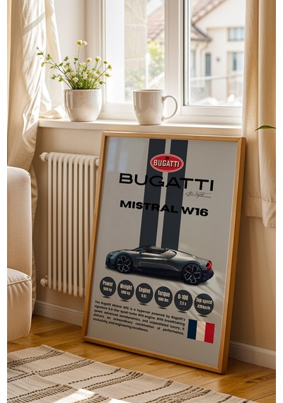 Bugatti Mistral W16 Araba Tablosu - Teknik Özellikli Otomobil Poster - Çerçeveli Duvar Dekoru Kayın