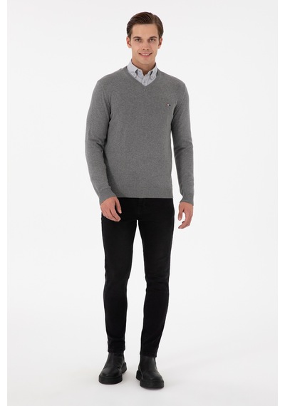 U.S. Polo Assn. Erkek Slim Fit V Yaka Gri Melanj Kazak 50298283-VR086