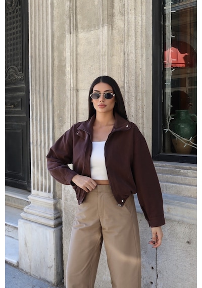 Kechi Woman Gabardin Kumaş Fermuarlı Astarlı Ceket Kahverengi