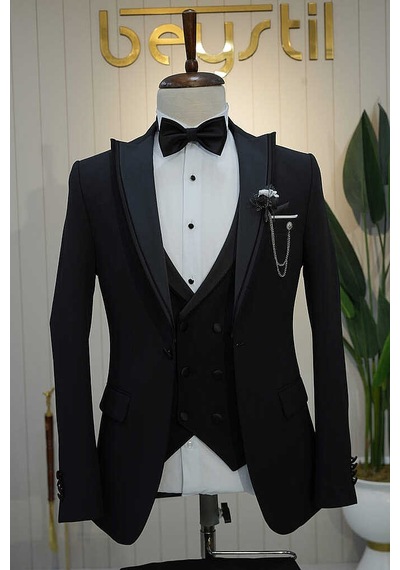 Bys Beystil Erkek Siyah Slimfit Yelekli Damatlık & Smokin 818