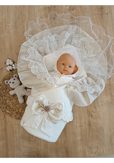 Ekru Kız Erkek Bebek Battaniyesi %100 Pamuklu Mevlütlük Kundak Dantelli Örtü Hediyelik Mevsimlik Sütlü Kahve