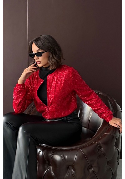 Verymoda Payetli Kadın Ceket - Şık Gece Kombini Kırmızı