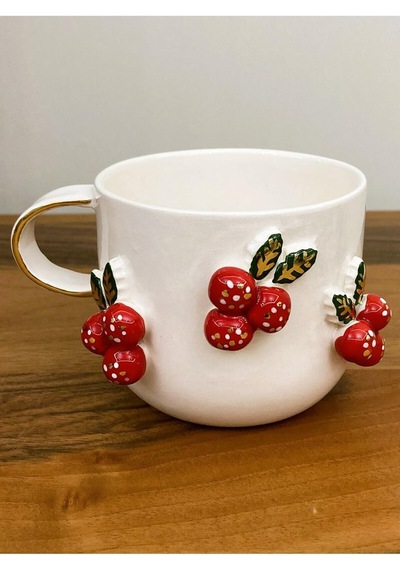 24 Ayar Altın Detaylı Kokina Kabartmalı El Yapımı Mug Cochina Christmas 300 Ml Beyaz - Çok Renkli