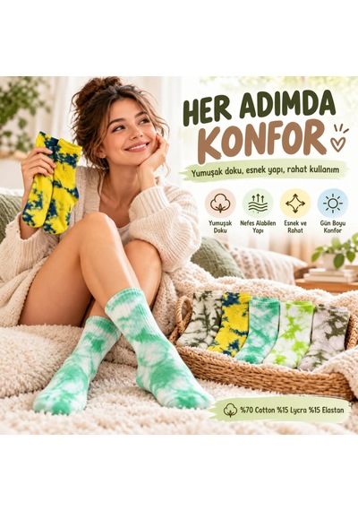 Womanandkids Wak Unisex Batik Desenli Çorap 10'lu Set Pamuklu Renkli Uzun Soket Dikişsiz Nefes Alan Günlük Spor Çorabı Çok  Renkli
