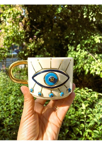 Lexroo Premium Kalite 24 Ayar Altın Detaylı Nazar Mug El Yapımı 250 Ml Evil Eye Handmade