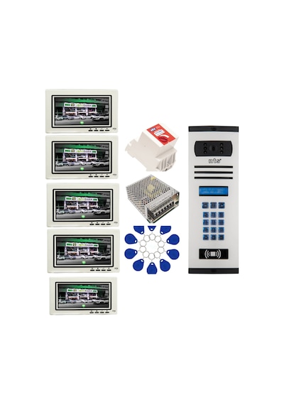 5 Daire Nts 2015-b 7'' Görüntülü Diafon Beyaz-8004 Tuş Takımlı Şifreli+geçişli Zil Panelli Set