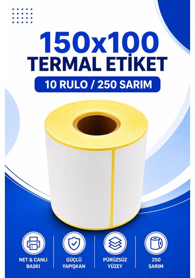 150x100mm Termal Etiket 10 Rulo 250 Sarım Ribonsuz Kargo, Lojistik, Depo Yapışkanlı 1