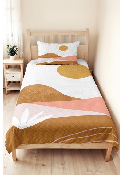 Geometrik Modern Hardal Genç Odası Tek Kişilik Pike Takımı-pudra Bej 160x220cm Kapitone Yatak Örtüsü Gizli Pencere Ufku