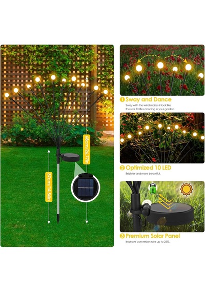 4'lü Paket 10 Led Güneş Ateşböceği Işıkları, Bahçe, Veranda, Avlu İçin Su Geçirmez Güneş Enerjisi Dış Mekan Işıkları - Bütün Gece Aydınlatır Sıcak Beyaz