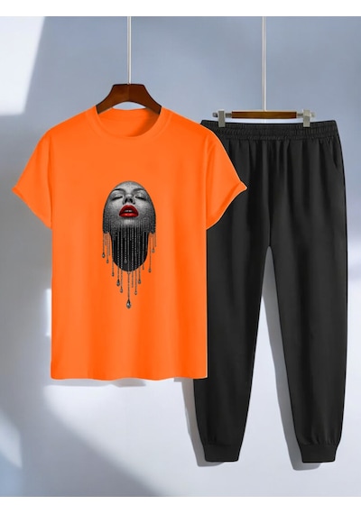 Uyguntarz Unisex Pırlantalı Kadın Portresi Tasarım Basklı Tshirt Eşofman Takımı Turuncu