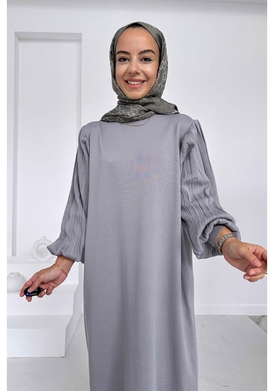Kahijab Balon Kol Merserize Elbise - Gri