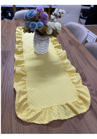 Vintage Duck Keten Sarı Çiçekli Fırfırlı Oval Runner 40 X 140 Cm Sarı