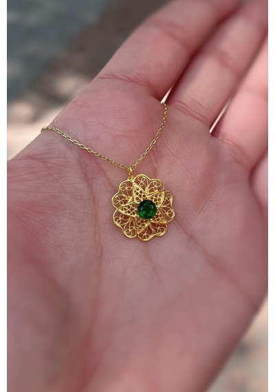 Gümüş Yeşil Taşlı Telkari Model Kolye Altın