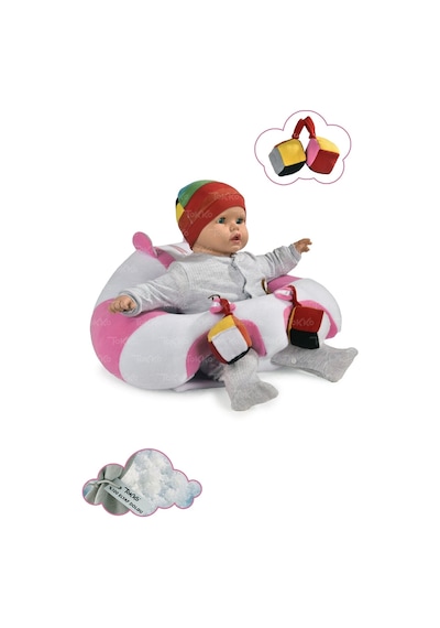 Oyuncaklı Bebek Oturma Destek Minderi - Devrilmez Bebek Koltuğu - Büyük Bebek Oturağı Beyaz Pembe