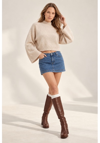 Neden Tekstil Kadın Crop Fit Bej Balıkçı Yaka Triko Kazak
