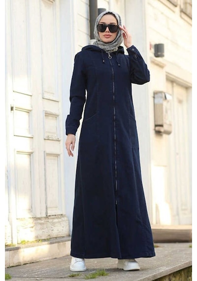 Neways 6463-Kapşonlu Denim Ferace Lacivert